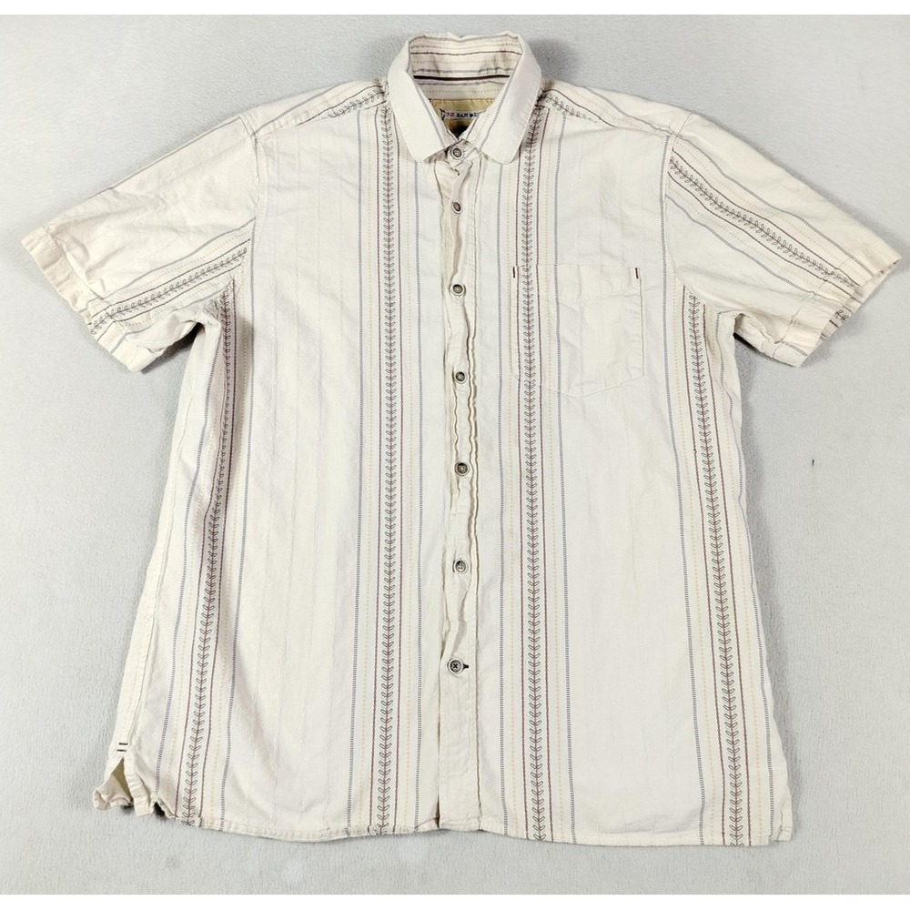 32 Bar Blues Shirt Mens Medium Multicolored Striped Linen Blend Button Up AOP